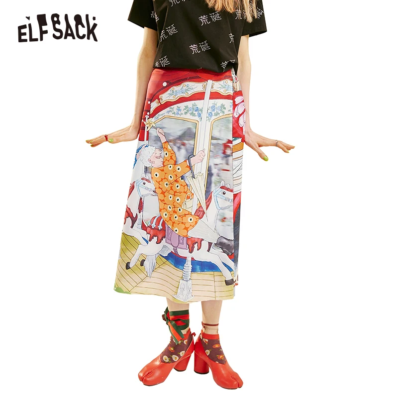 ELFSACK Fashion Cartoon Print Women Skirt Summer Vintage A-line Mid Waist Female Skirts Streetwear Casual Femme Bottoms