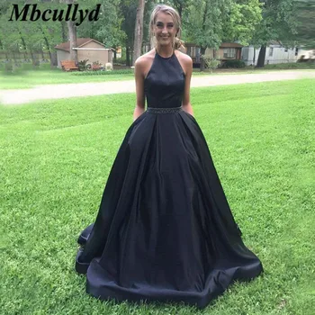 

Mbcullyd Halter Neck Prom Dresses 2019 New Shining Beading Navy Blue Dress Party Gowns Plus Size Ruffed Satin vestidos de festa