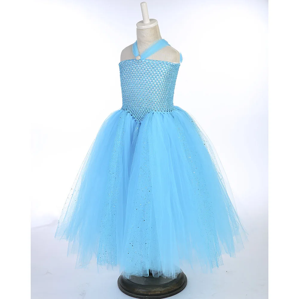 Sparkle Tulle Tutu Princess Cinderella Blue Dress Elegant Sleeveless Froze Elsa Cosplay Birthday Dress Vestido Baby Kids Clothes (8)