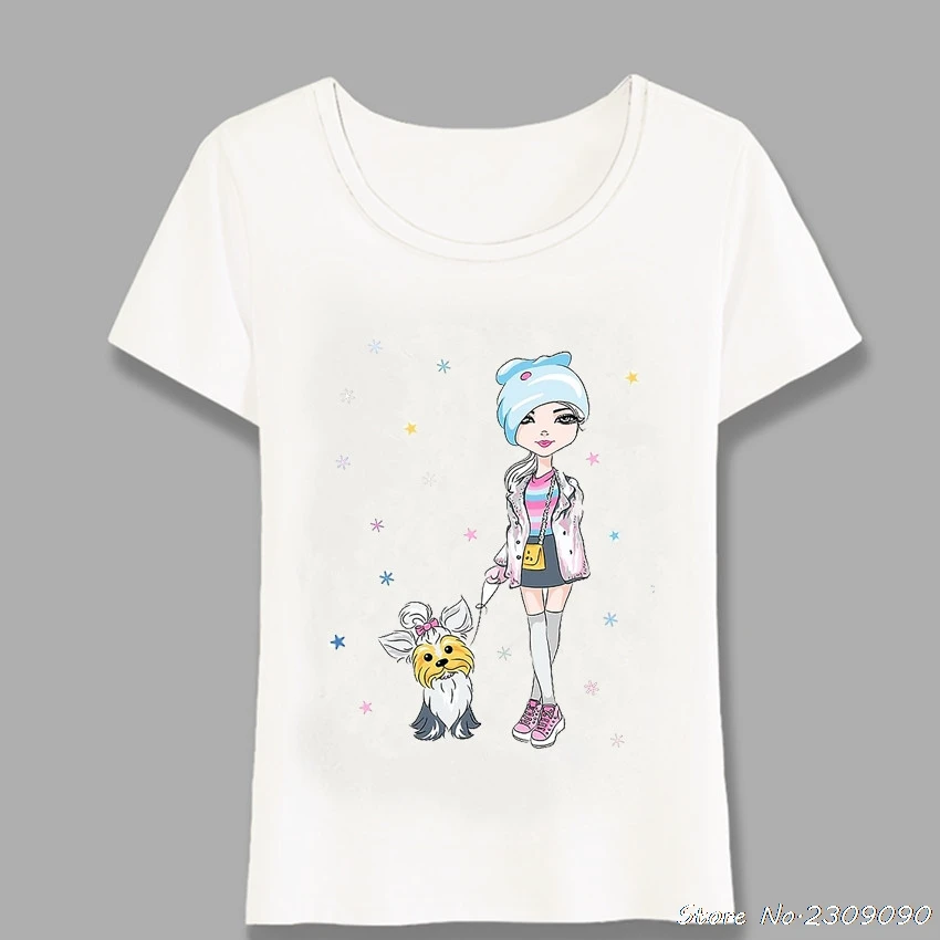 

Girl Fashion With Yorkshire Terrier Print T-Shirt Summer Women t-shirt Cute Maiden Casual Tops Funny Design Woman Tees Harajuku