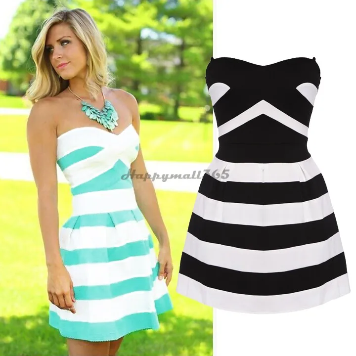 New 2015 Women Summer Cocktail Party Dress Lady Elegant Sexy Strapless Fashion Striped Stitching Mini Dress