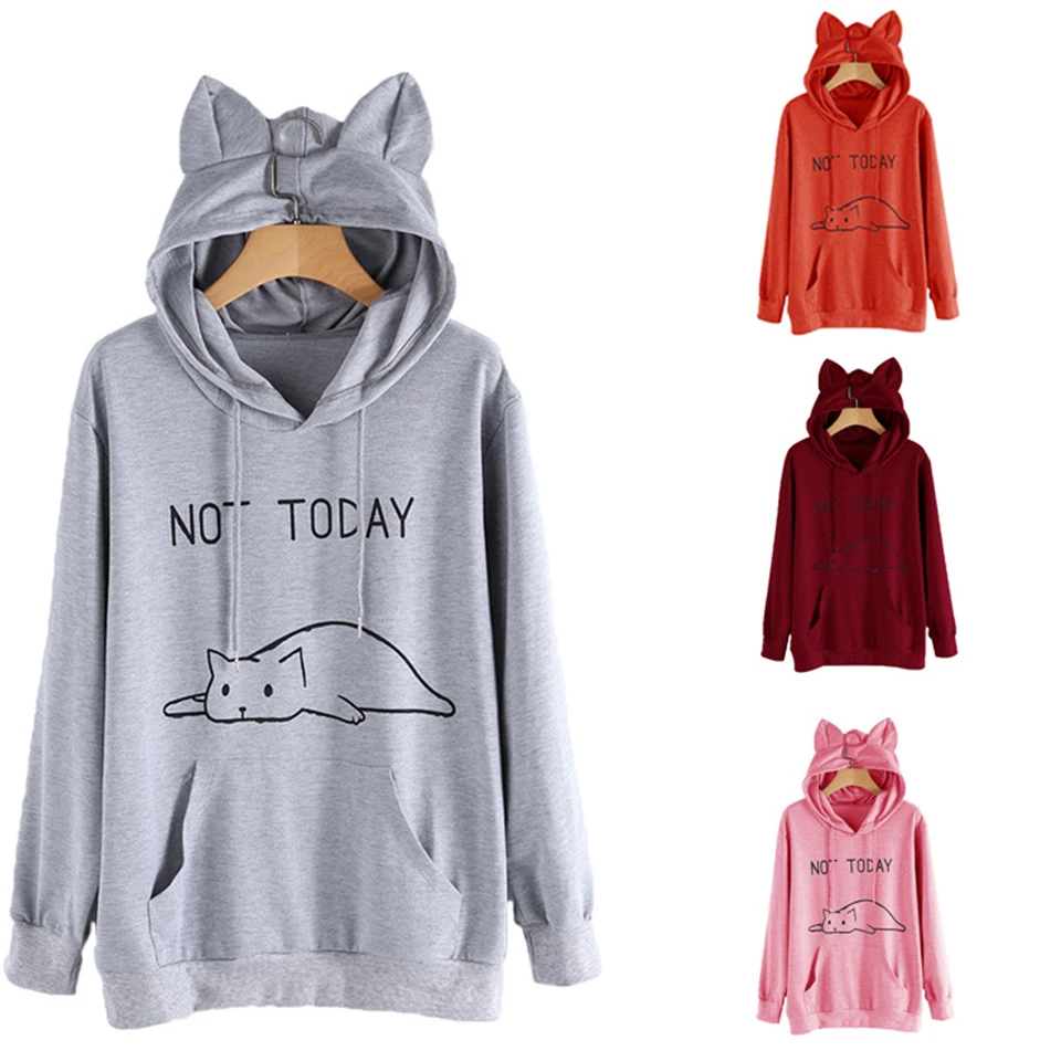 Толстовка Кот Kawaii Not Today Hoodie кошачьи уши Полерон Mujer 2019 5xl плюс Размеры кенгуру