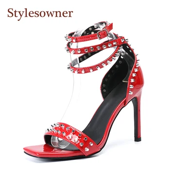 

Stylesowner Red Black Shiny Leather Lady Summer Sandal Shoe Cool Ankle Rivets Strap Thin Heel Stiletto Sandal Shoe Female Party