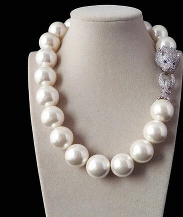 

huij 001724 Natural 20" 18mm white shell pearl inlay zircon leopard head LUXURY necklace