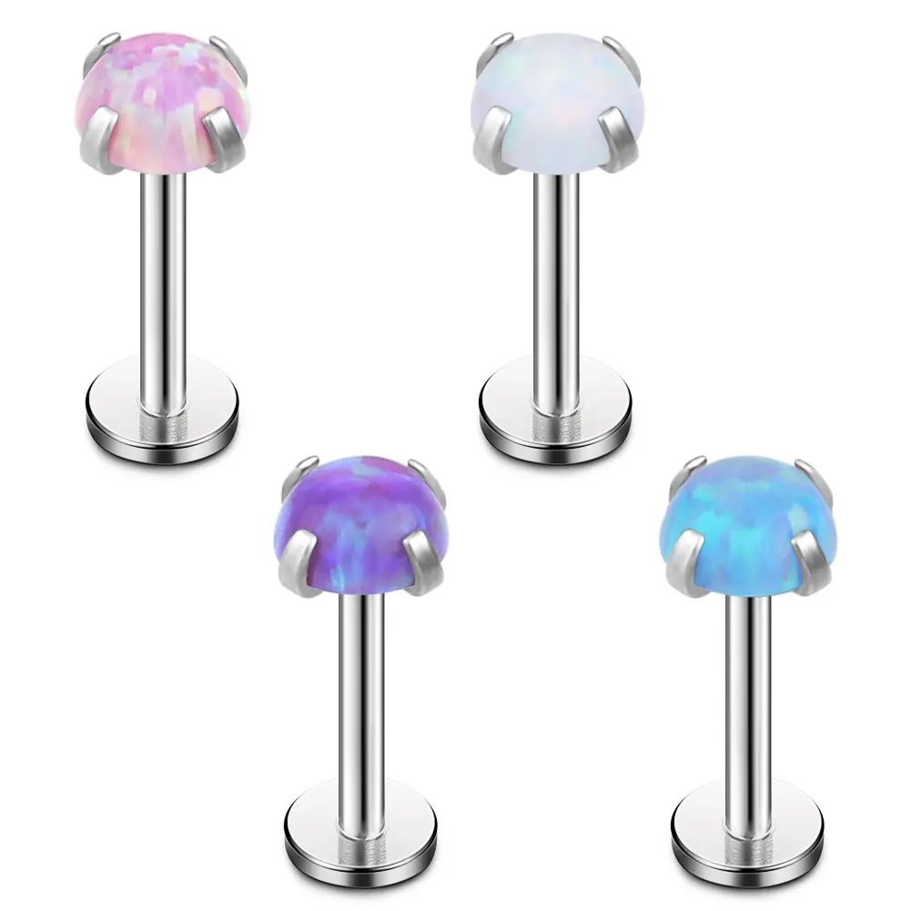 

4PC 2mm 3mm 4mm Opal Internally Threaded Stainless Steel Labret Monroe Lip Ring Tragus Helix Earring Stud 16G 1/4" 6mm