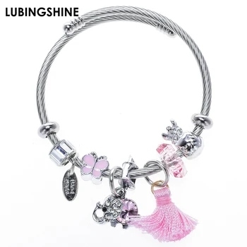 

Fashion Elephant Tassel Charms Stainless Steel Bracelets Bangles Crystal Ball Pendant Adjustable Bracelet Jewelry for Women