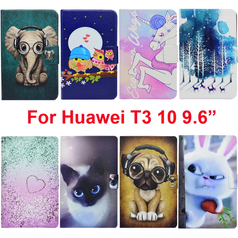 

For Huawei T3 10 AGS-L09 AGS-W09 Cover Shell Case Mediapad T3 9.6 Bag Protector Card Slot Holder Stand with Printing Owl Rabbit