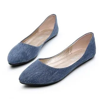 MVVJKE/новые женские мягкие джинсовые на плоской подошве; цвет синий; модные высококачественные Классические балетки с острым носком; офисные туфли без застежки на плоской подошве - Цвет: Blue