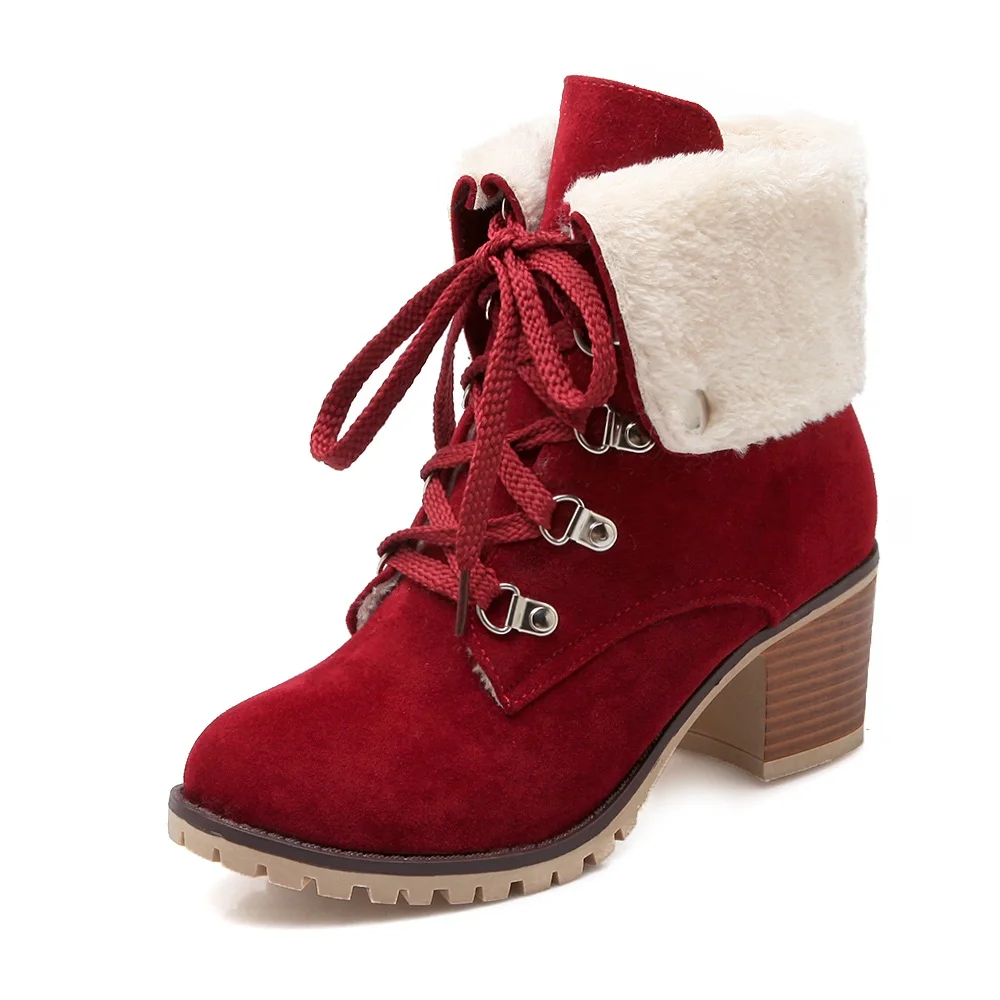 ASUMER/Прямая поставка; Новинка года; женские ботинки; Зимние теплые плюшевые ботинки на квадратном каблуке; ботильоны из искусственной кожи на шнуровке - Цвет: Красный