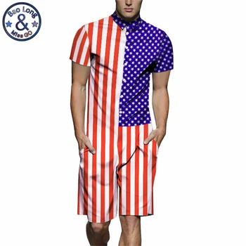 

Star Stripe Print Men's Rompers Short Sleeve shirt Funny Jumpsuit Playsuit Harem Cargo Overalls Summer One Piece