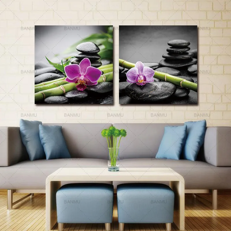 

canvas painting wall art print picture decoration for living room 2 panels Spa Black Stone with Bamboo Flower Photography