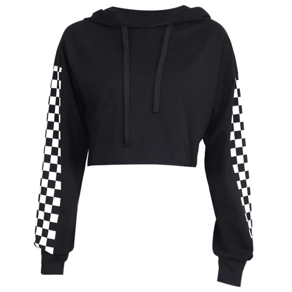 

Womens Girls Short Sweatshirt Plaid Cropped Tops Pullover Hoodies Drawstring New