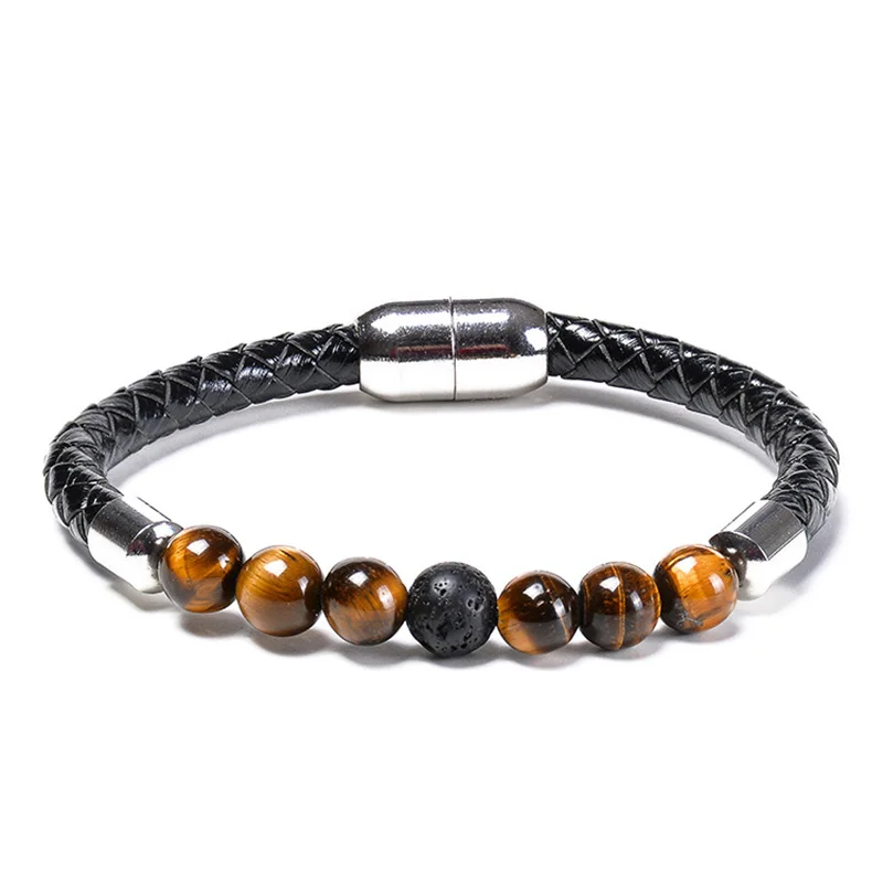 

Hot Sale Jewelry Natural Stone Yellow Tiger Eye Stone Leather Bracelet Volcanic Stone Essential Oil Magnet Buckle Bracelet Whole