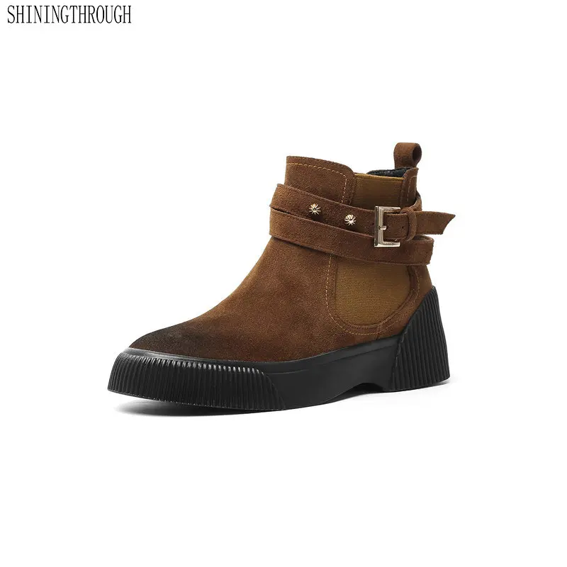 

Women flat platform Ankle Boots Round Toe Casual Autumn Winter suede leather Shoes Woman Basic Motorcycle Boots