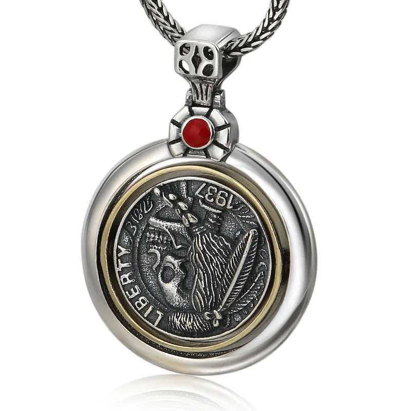 

Sterling Silver 925 Skull Medallion Pendant For Necklace Men Indian Chief Silver Coin Rotable Black Thai Silver Jewelry Gifts