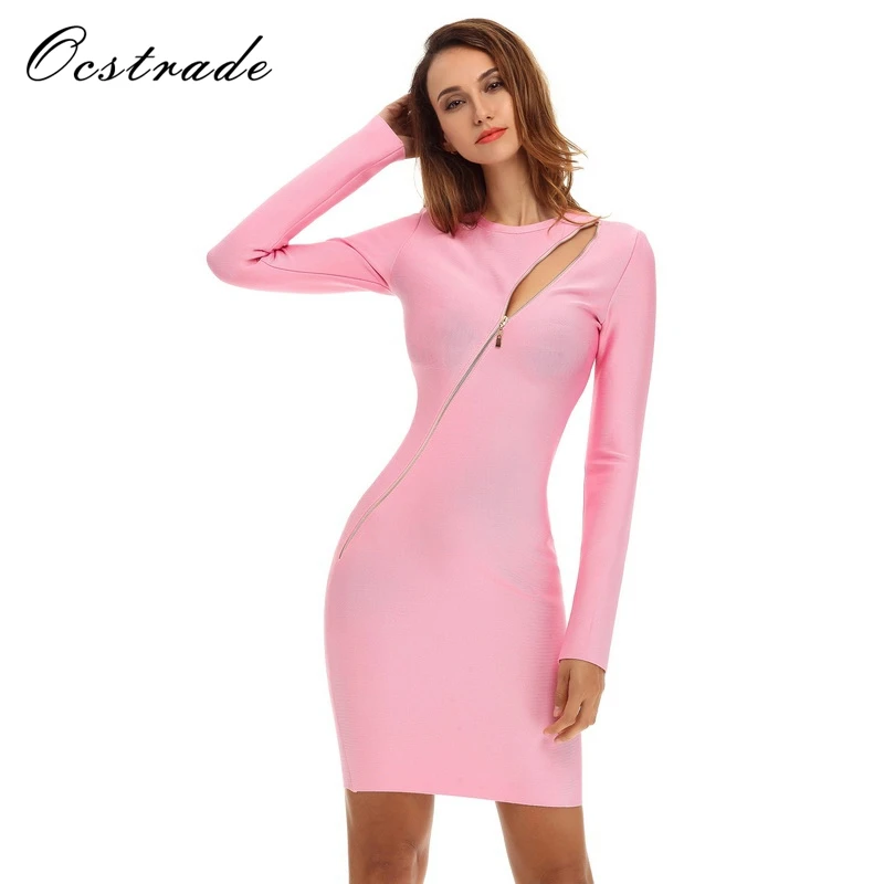 Ocstrade, высокое качество, женская мода, новинка, на молнии, украшенное, HL, розовое Бандажное платье, длинный рукав, вискоза