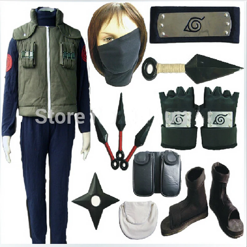 

Hot Naruto Hatake Kakashi cosplay costume full set include shoes+kunai+headband+leg&waist bag+mask+glove Halloween costume 1.5kg