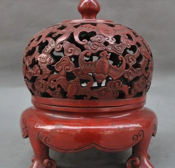 

10" Old Chinese Lacquerware Carved Bat Wealth Lucky Statue Incense burner Censer