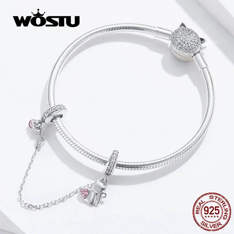 WOSTU S925 Розовый Прекрасный Kitty,, модные настоящие серебряные подвески бусины, подходят к оригинальному браслету, ювелирные изделия CQC1233