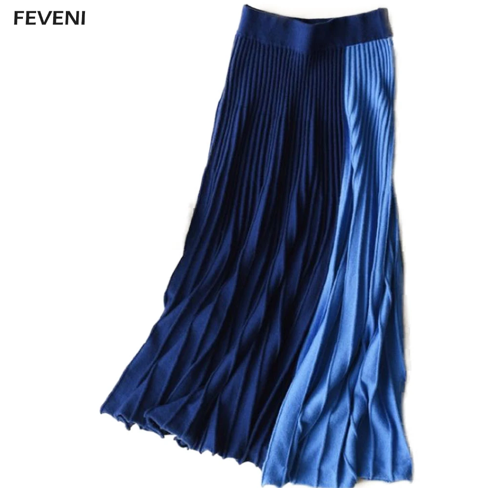 Осенняя Женская плиссированная контрастная юбка винтажная трикотажная Высокая талия Женская длинная юбка женская теплая Дамская средняя удлиненная юбка Y03399