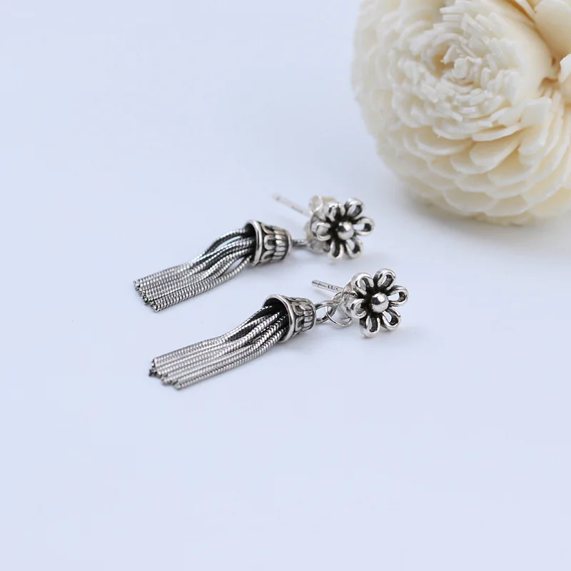 

Flyleaf 100% 925 Sterling Silver Tassel Pendant Flower Drop Earrings For Women Retro Style Fashion Party Jewelry