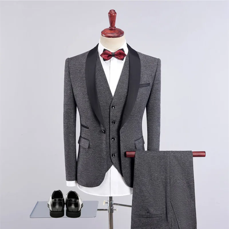 Мужской костюм, Свадебный мужской костюм с воротником-шалью, комплект из 3 предметов, Traje de hombre, модный мужской деловой приталенный костюм, мужской Королевский смокинг - Цвет: gray