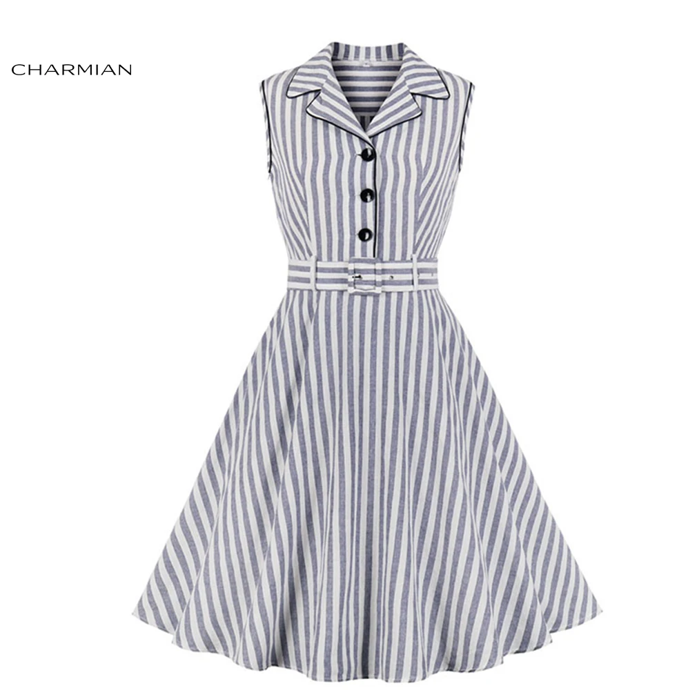 Женское винтажное платье Charmian в полоску с отворотом без рукавов высокой талией