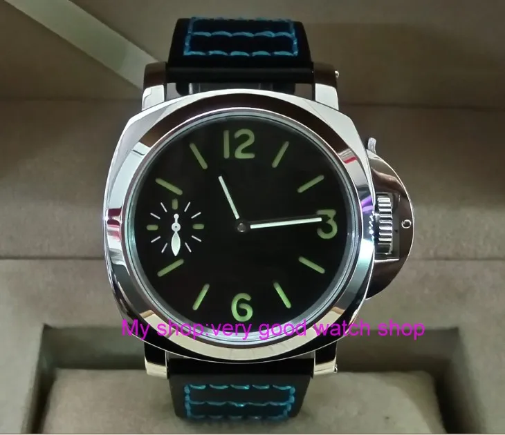 

44mm PARNIS black dial Asian 6497 17 jewels Mechanical Hand Wind movement men's watch green luminous Mechanical watches 33a