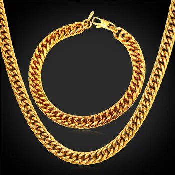

9MM Chain Bracelet And Chunky Necklace Men Jewelry Set Stainless Steel Black Gun/Gold Color Dubai Jewelry Sets 2016 GNH2239