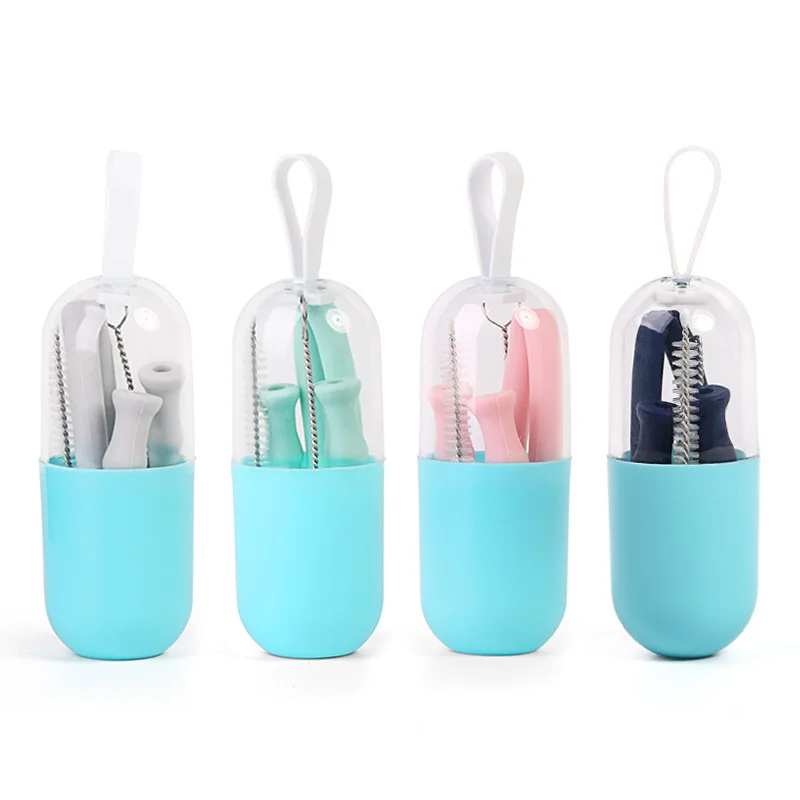 

Collapsible Silicone Straw Reusable Folding Drinking Straw with Carrying Case and Cleaning Brush for Travel Home Office Drinks