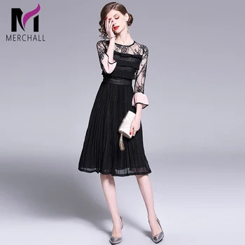 

Merchall New Spring Black Lace Dress 2019 Women Vintage Hollow Out Elegant Lace Vestidos Party Dresses Female Sexy Midi Dresses