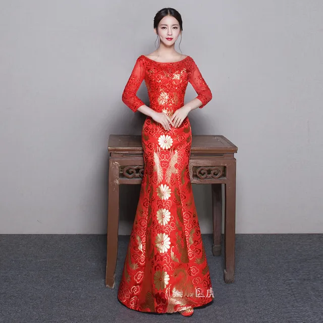Roja Vestidos De Novia Vestido De Boda Chino Tradicional Qipao Largo Cheongsam Vestido De Noche Vestidos Robe Chinoise Orientale Qi Pao En Cheongsam De Novedad Y De Uso Especial
