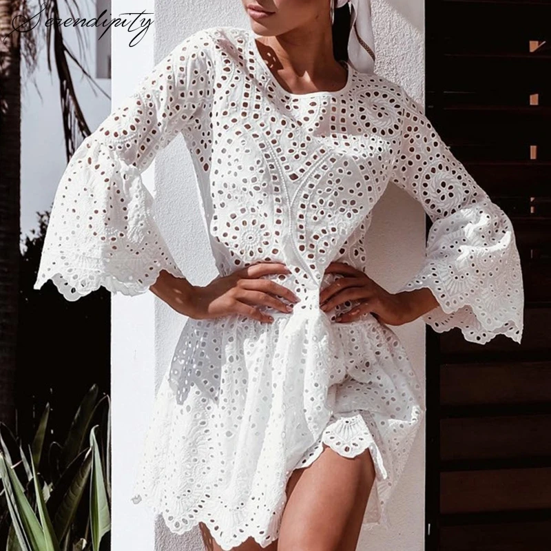 

White Elegant Crochet Lace Hole Dress Women 2019 Summer Beach Dress Flare Sleeve Chic Party Casual Dress Female Vestdios