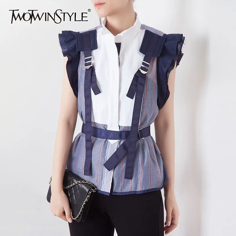  TWOTWINSTYLE Striped Hit Color Patchwork Women Blouse Stand Collar Sleeveless Ruffles Tunic Shirt F