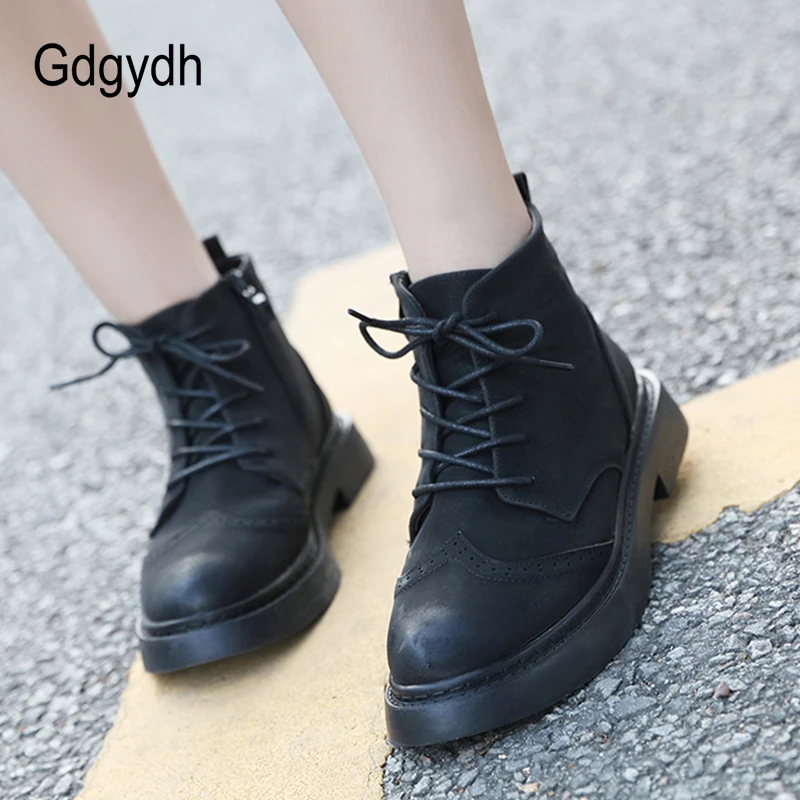 Gdgydh 2018 nueva moda mujer botas cortas cordón plataforma punta zapatos de tacones otoño zapatos de las botines Casuales| Botas hasta el tobillo| - AliExpress