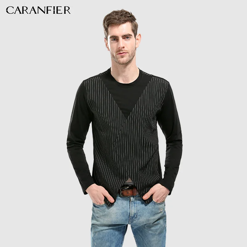 CARANFIER 2018 New Man T-shirts Patchwork Casual Simply Male T-shirt O-Neck Plaid Long Sleeve Fashion Slim Fit Pullover Men Tees | Мужская