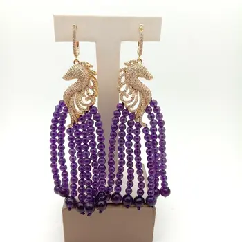 

E113114 Natural Round Purple Gems Yellow Golden Plated Cz Pave Sea Horse Earrings