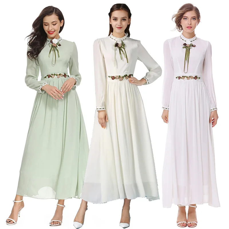 

Turkey Muslim Dress Women Muslim Solid Clothing Long Sleeve Embroidered Arab Dress Islam Jilbab Tunic robe longue musulmane 2019