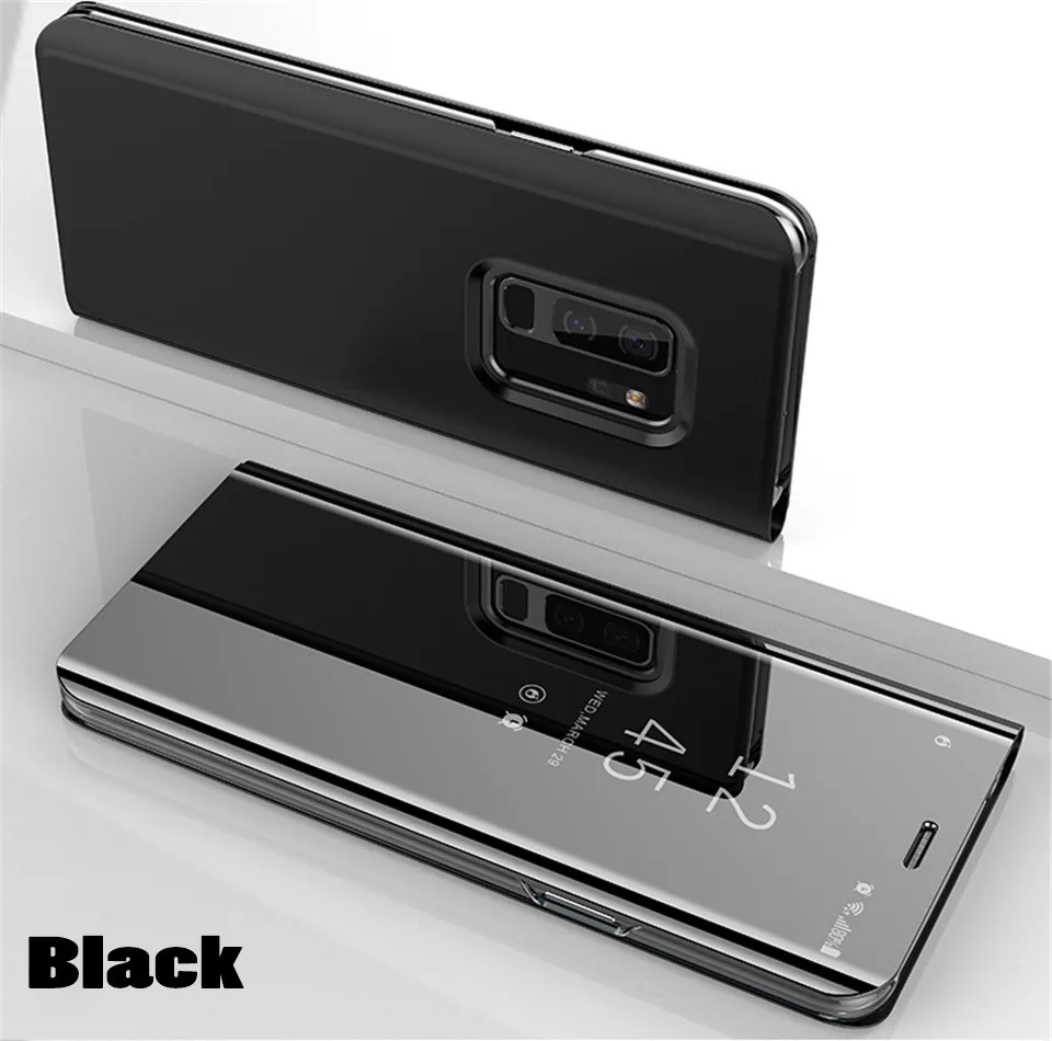 Умный зеркальный чехол для телефона для samsung Galaxy A50 S10 S9 S8 плюс S10E a8 A7 Note 9 8 A70 A50 S6 S7 Edge Clear View флип-чехол - Цвет: Black