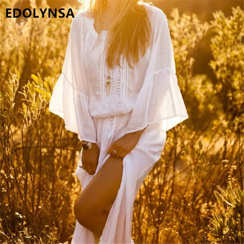 

Robe Femme Ete 2019 Women Clothes Summer Beach Dress White Cotton Tunic Sexy Hollow Out Side Split Maxi Dress Plus Size N605