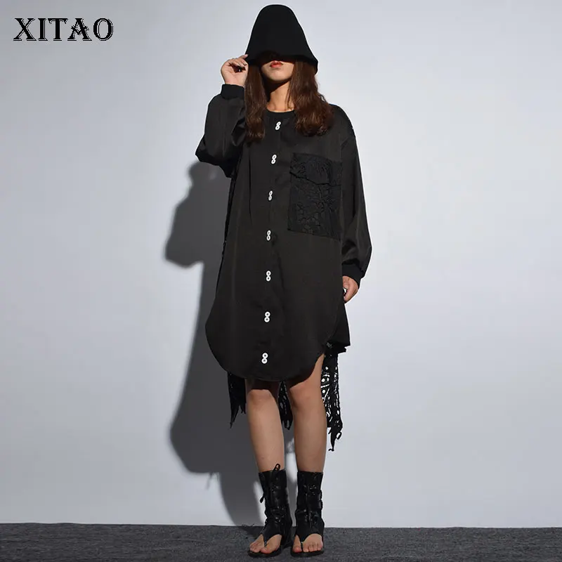 

[XITAO] 2018 Autumn Korea Fashion New Women O-neck Full Sleeve Loose Dress Female Hollow Out Patchwork Mid-calf Dress LJT3872