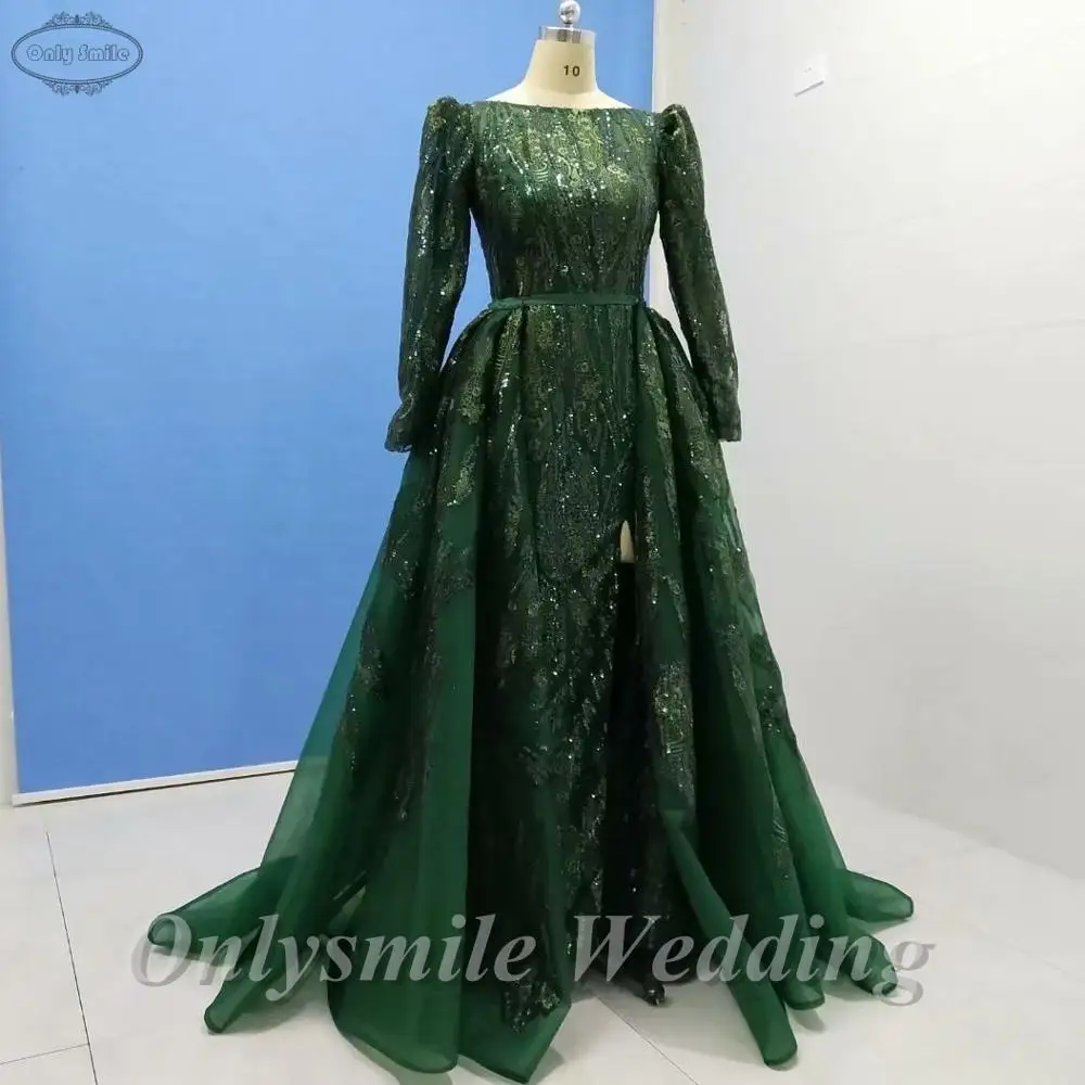 

Onlysmile Long Women Saudi Arabic Abendkleider Evening Dress 2019 Long A-line Muslim Lace Green Backless with Detachable Skirt