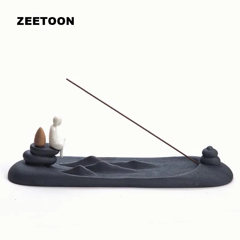 Japanese Black Zen Coarse Pottery Stick Backflow Incense Burner Ceramic Censer Incense Plate