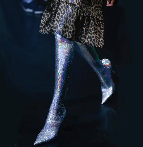 

Fashion Over the Knee Boots for Woman in Bling Bling Pattern Sexy Stretch Material with Pointed toe Super High Heels Gold Sliver