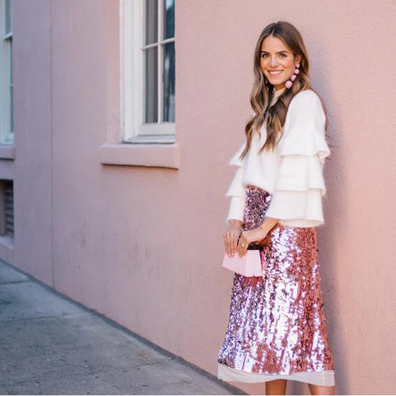 Baratos Ensueño como 2017 rosa brillante lentejuelas longitud del tobillo faldas para dama por encargo alta calidad falda mujeres ropa moda Bottoms
