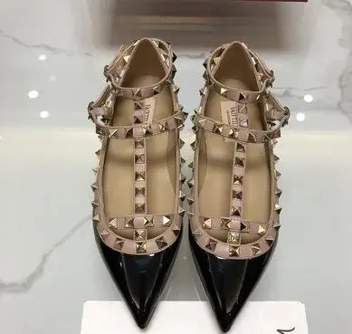 

spring new Black nude rivets shoes female flat sandals European patent leather shallow mouth pointed-toe fashion flat single sh