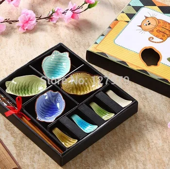 

Tableware set talheres dishes colourful fish flavored dish gift box ice crack glaze~