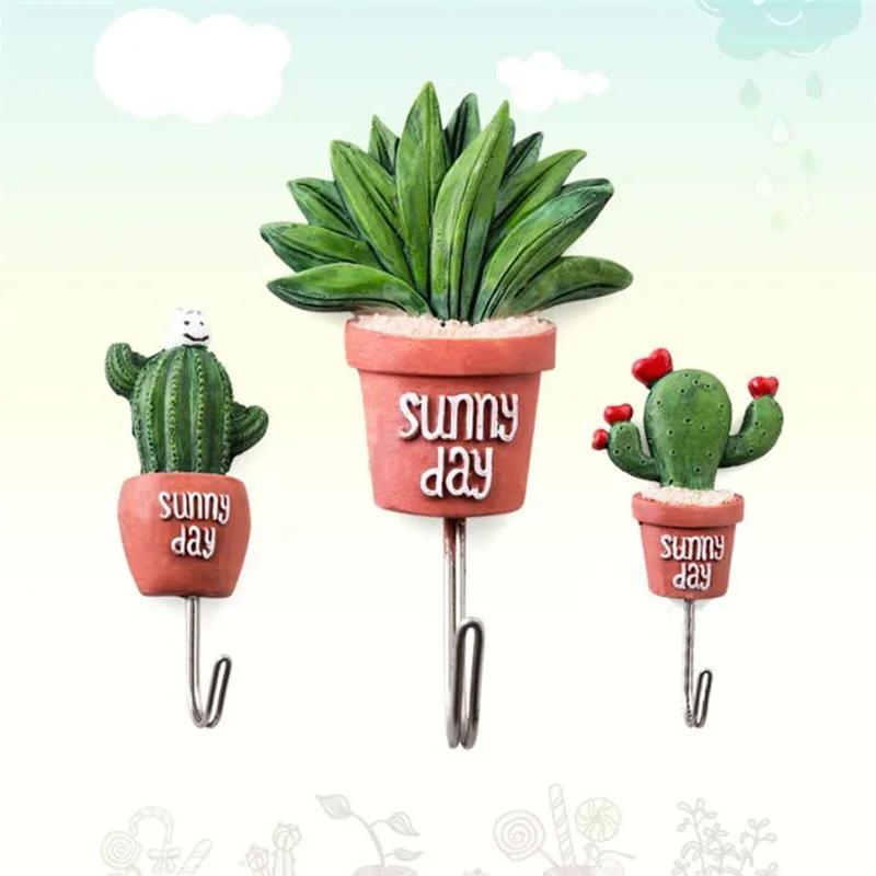 

1PC Simulation Succulent cactus Adhesive hanging Hook Garden Wall Pants Pot Craft wall Hangers Rack storage holder Sunny day