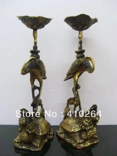 

a pair Collection old China Turtle Crane Candlestick Bronze Statue