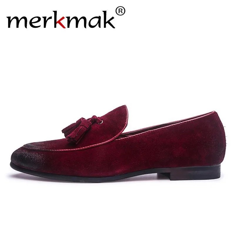 

Merkmak Men's Suede Loafers Italian Style Tassel Casual Leather Men Shoes Designer Gradient Scrub Slip On Wedding Footwear Man's